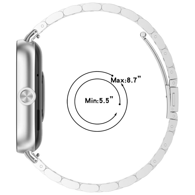 Silver three-bead metal watch band shown in profile, sized for 5.5- to 8.7-inch wrists.