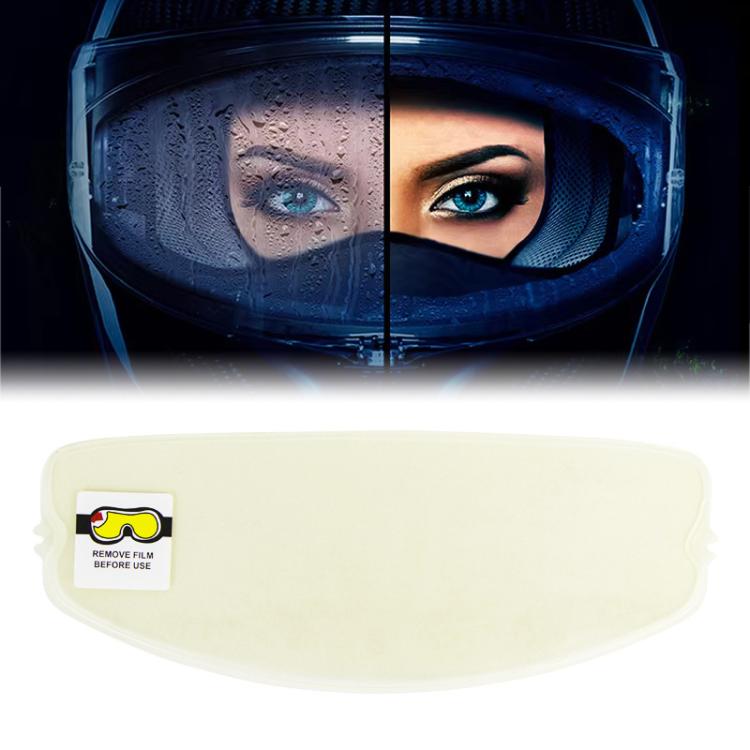 Anti-fog visor lens film, cream oval sheet with “remove film before use” label