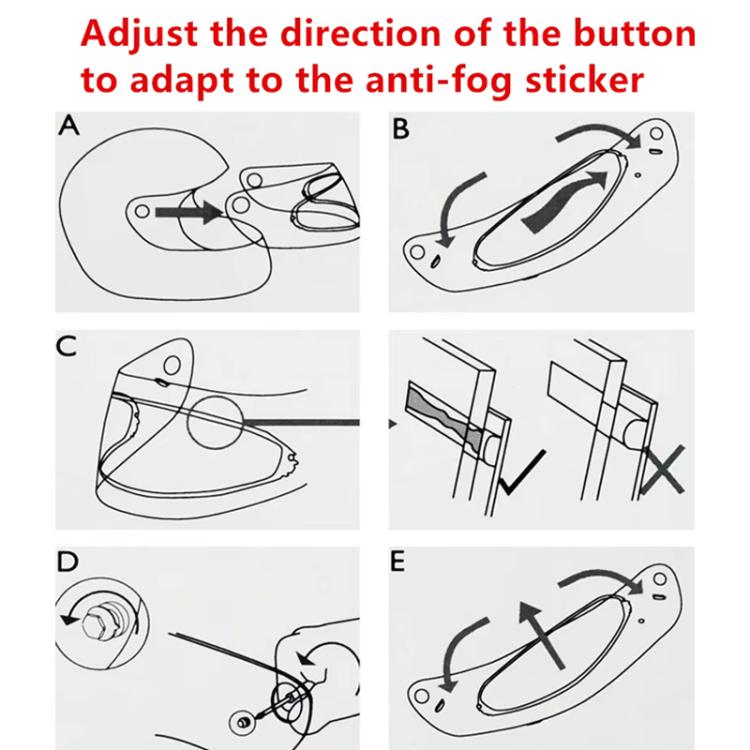 Instruction diagram for applying anti-fog sticker, showing button direction steps