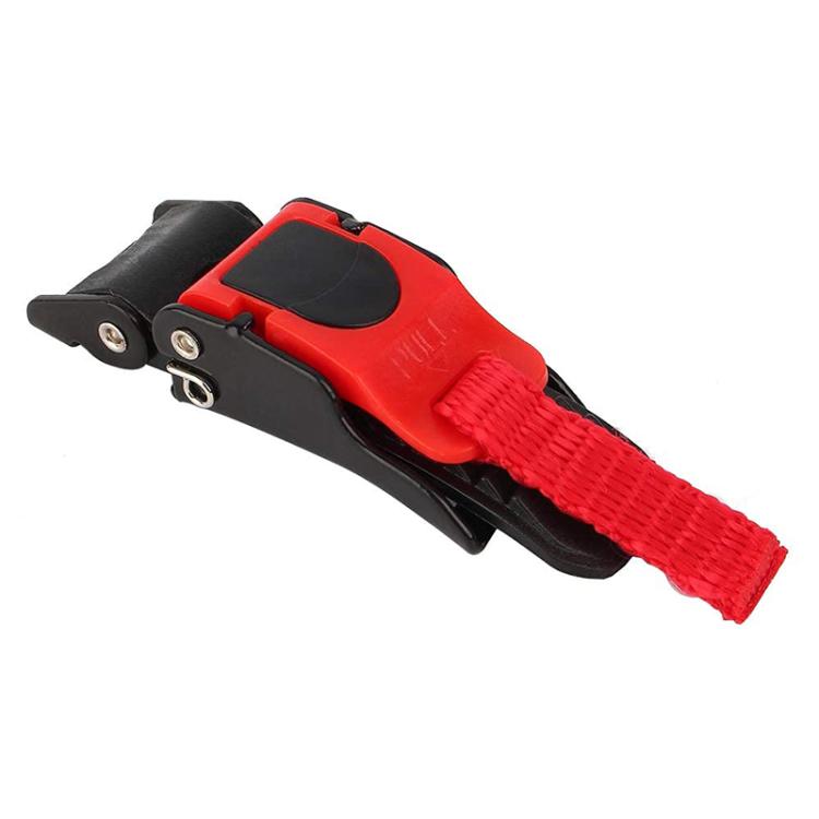 Motorcycle helmet quick-release buckle clip with red strap and black plastic housing
