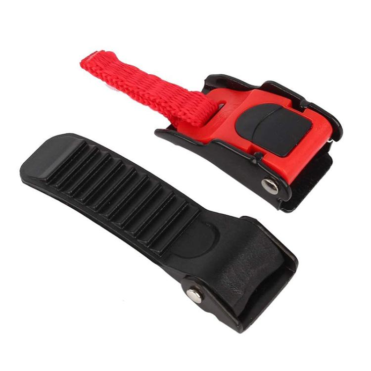 Helmet quick-release buckle clips with red strap and black plastic bases (two pieces)