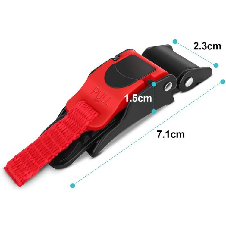 Helmet buckle quick-release clip with red webbing strap and black plastic latch