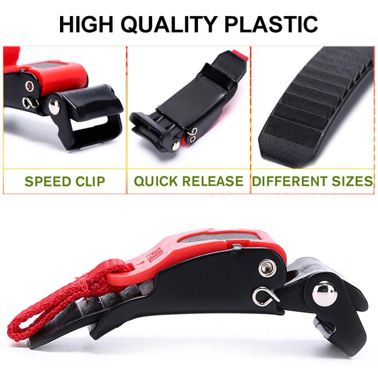 Helmet quick-release plastic buckle clip with red strap and black base fastener