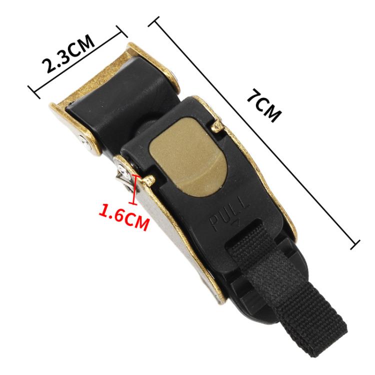 Motorcycle helmet quick-release buckle clip, black with copper edges and metal fasteners