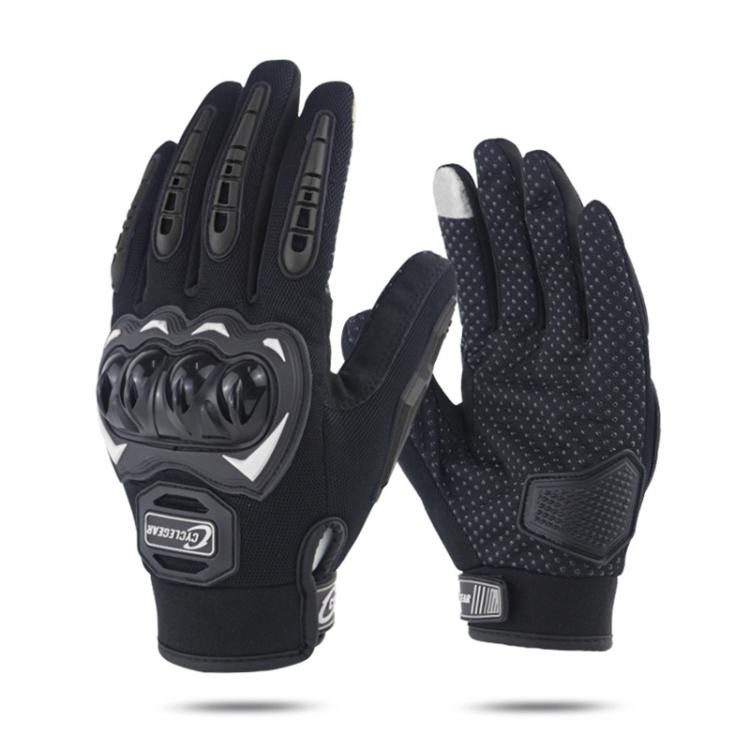 Black full-finger motorcycle riding gloves with textured grip palm and protective knuckle