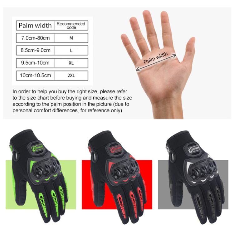 Black full-finger motorcycle riding gloves shown from palm and back angles