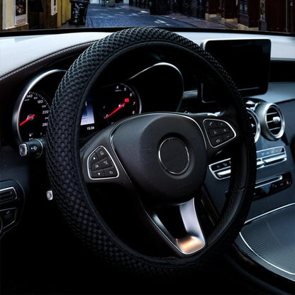 Black textured steering wheel cover with elastic anti-slip grip, 38cm size