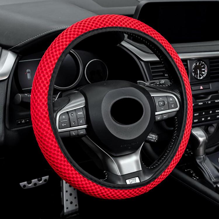 Red textured steering wheel cover with elastic anti-slip grip, snug fit