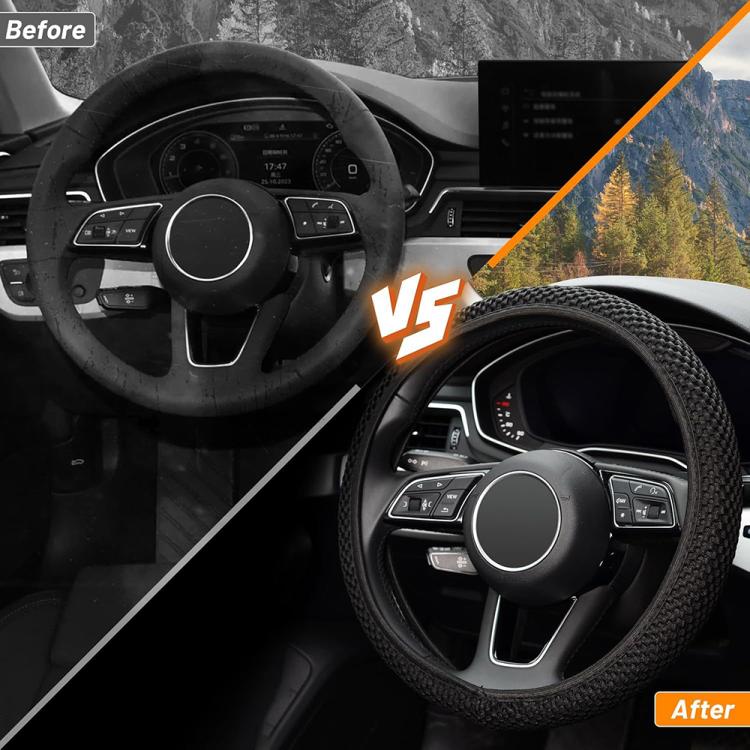 Black textured steering wheel cover shown on a car steering wheel
