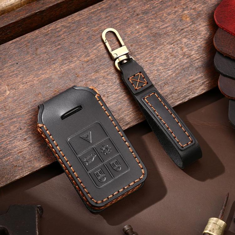 Black 6-button key fob protection cover with metal key ring and stitched edge