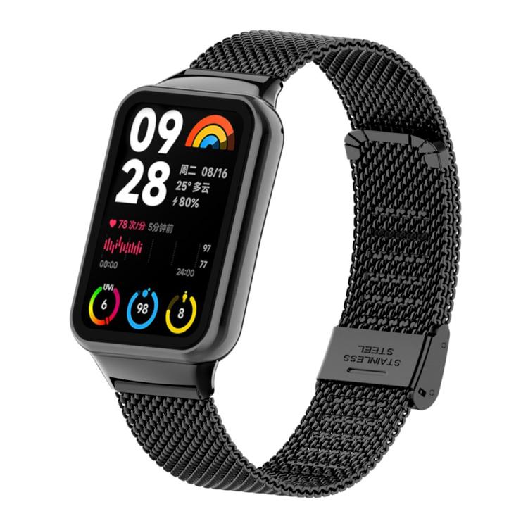 Black Milanese metal watch band with buckle, shown on a rectangular smartwatch