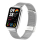 Silver Milanese metal watch band with buckle, shown on a rectangular smartwatch