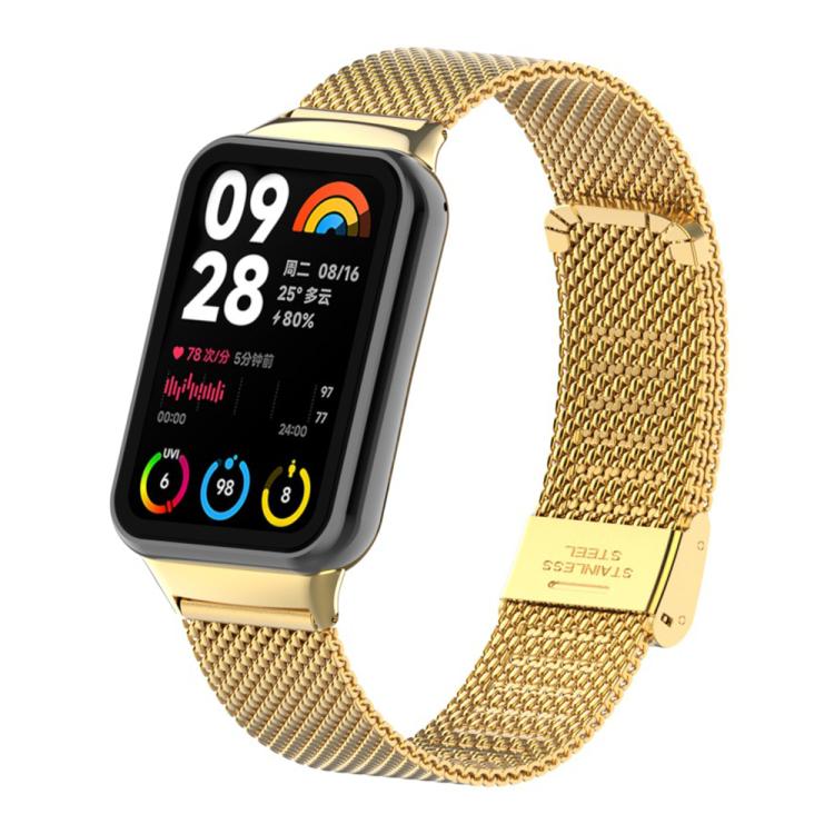 Gold Milanese metal watch band with buckle, shown on a rectangular smartwatch