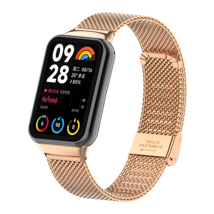 Rose gold Milanese metal watch band with buckle, shown on a rectangular smartwatch