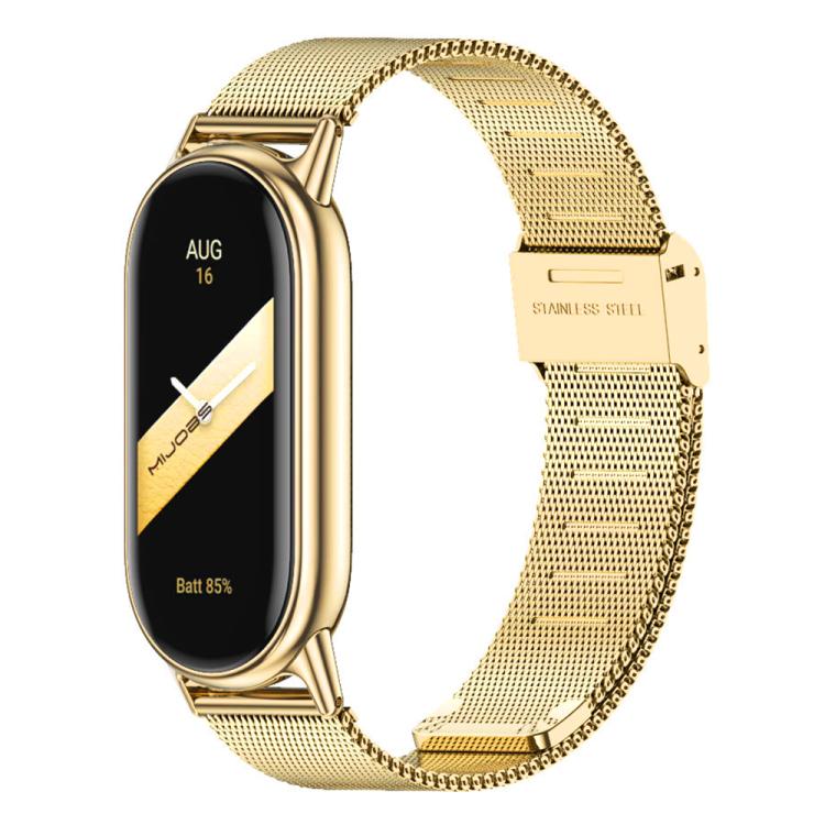 Gold Milanese metal watch band with buckle, shown on a slim fitness tracker
