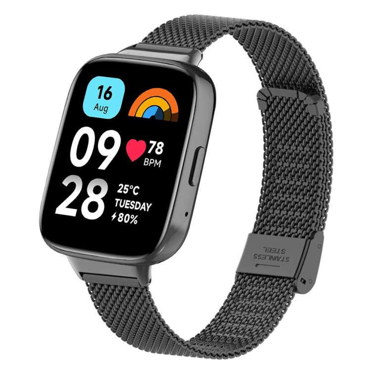 Dark gray Milanese metal watch band with buckle, shown on a large rectangular smartwatch
