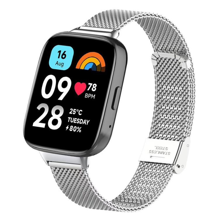 Silver Milanese metal watch band with buckle, shown on a large rectangular smartwatch