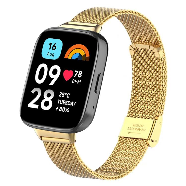 Gold Milanese metal watch band shown attached to a rectangular smartwatch.