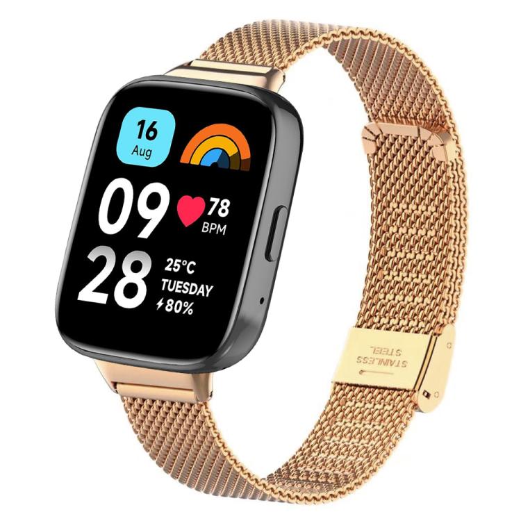 Rose gold Milanese metal watch band shown attached to a rectangular smartwatch.