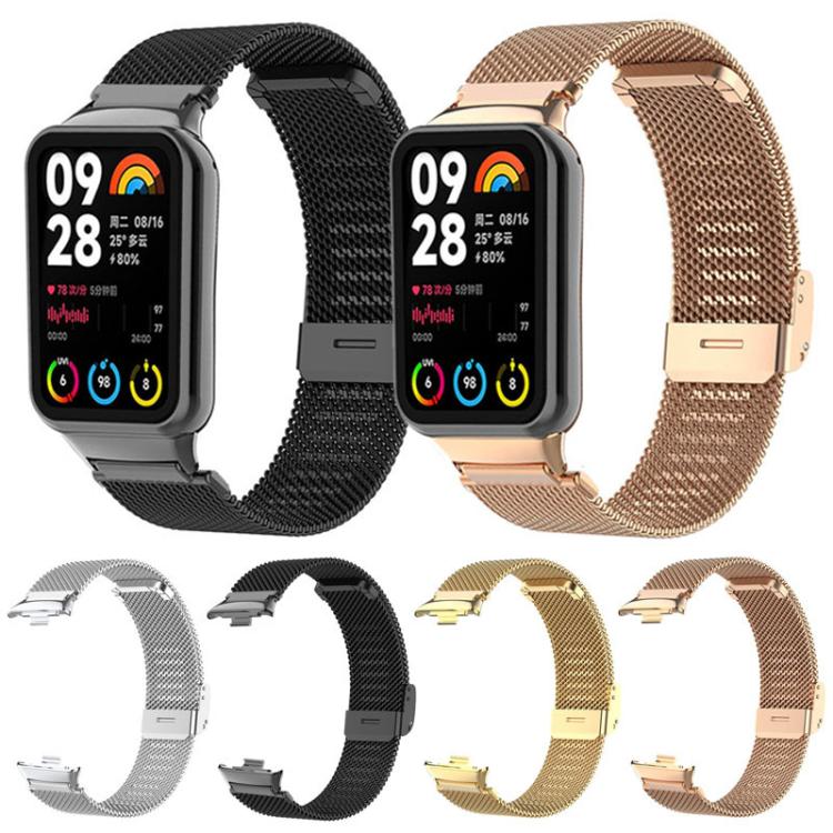 Milanese metal watch bands in black, silver, gold, and rose gold.
