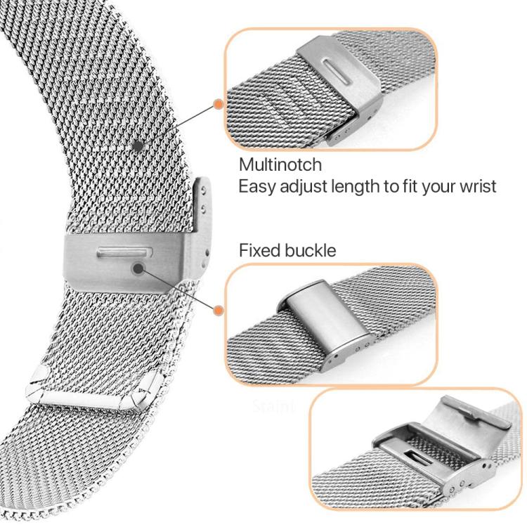 Silver Milanese watch band with adjustable notched clasp and fixed buckle details.