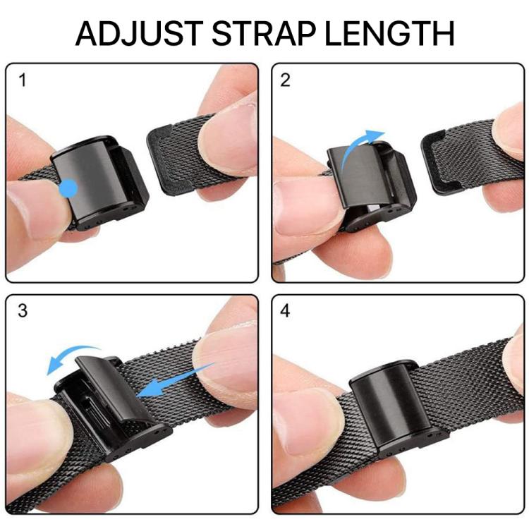 Black Milanese watch band with a clasp shown in four steps for adjusting its length.