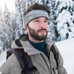 Winter riding turban headband ear warmer worn by a man, heather gray