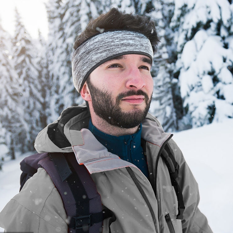 Winter riding turban headband ear warmer worn by a man, heather gray