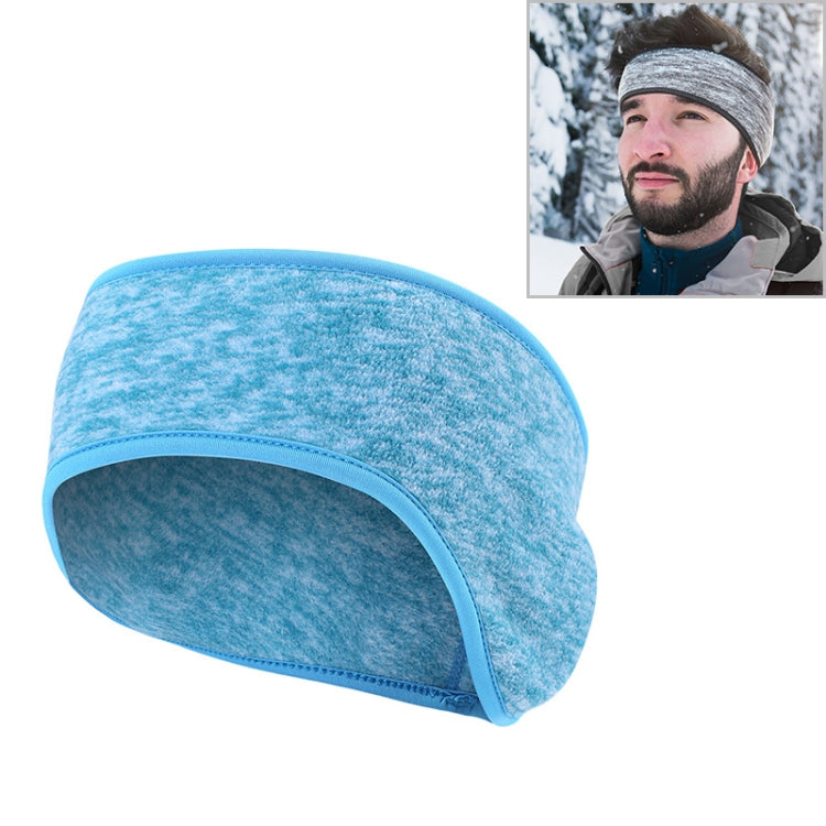Light blue fleece riding turban headband with ear-cover panel and contrast trim