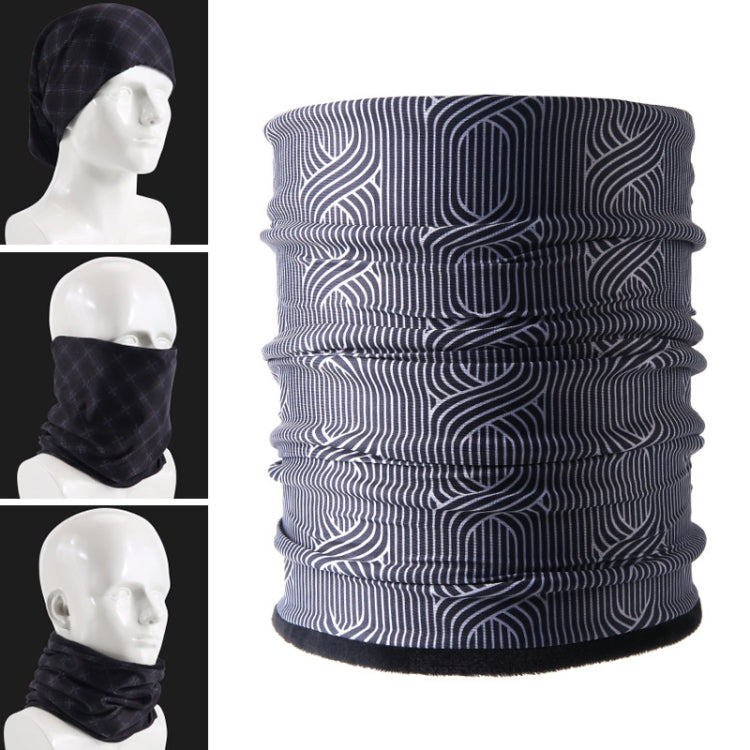Windproof fleece hood scarf with dark-blue and light-blue striped swirl pattern