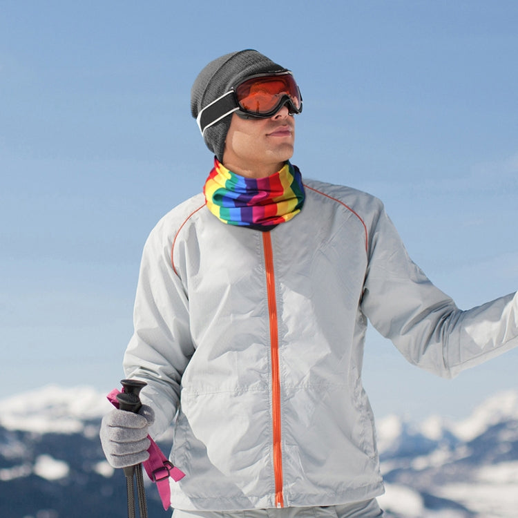 Colorful striped hood scarf worn around neck under winter jacket