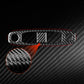 Black carbon-fiber reading light panel cover with two round holes, texture close-up inset