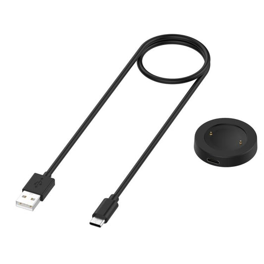 Black smartwatch charging cable with USB-A and USB-C connectors and a separate charging puck