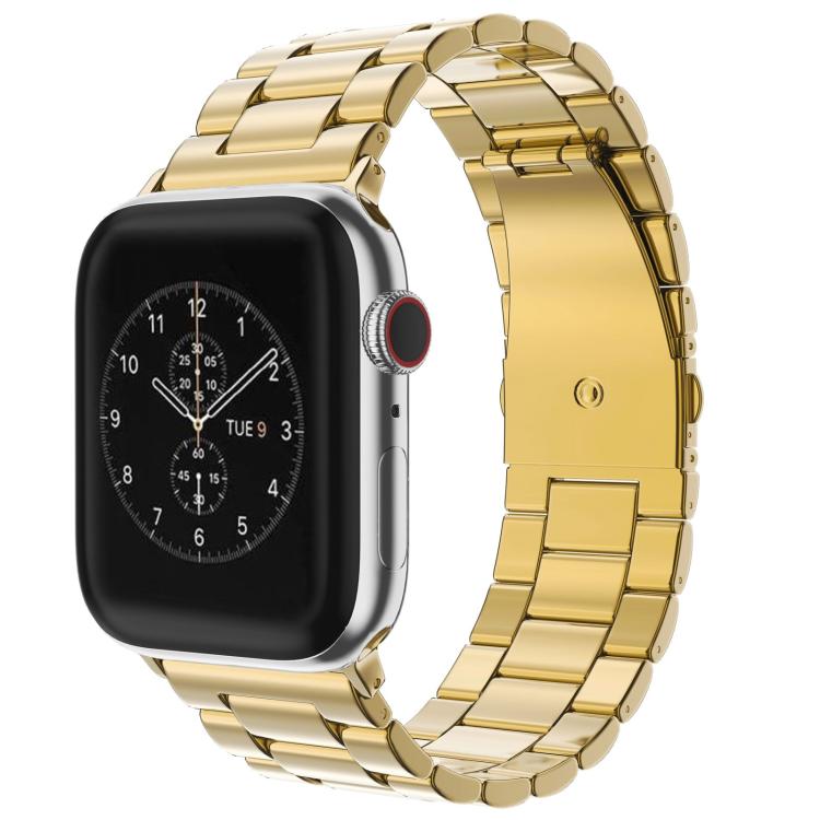 Gold stainless steel link watch band with fold-over buckle, shown on a smartwatch