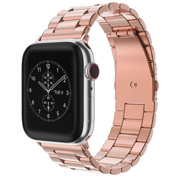 Rose gold stainless steel link watch band with fold-over buckle, shown on a smartwatch