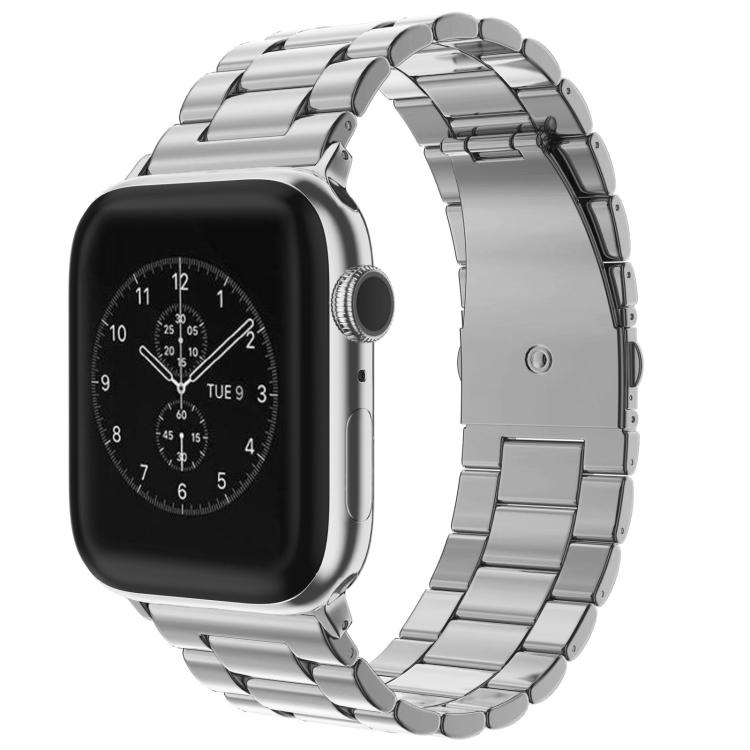 Silver stainless steel link watch band with fold-over buckle, shown on a smartwatch