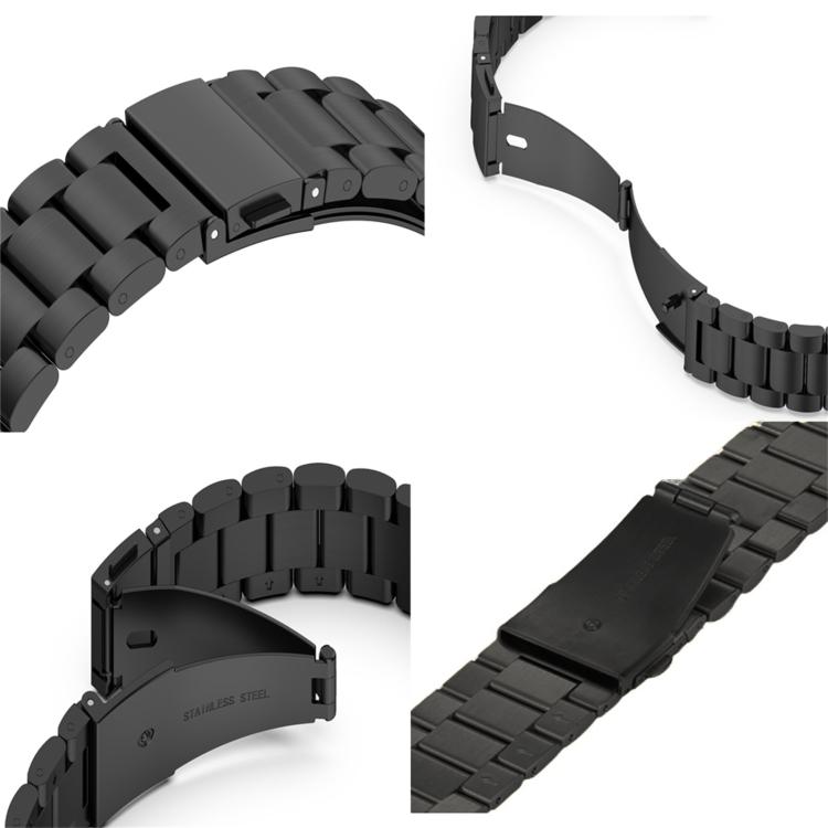 Black stainless steel watch band with linked beads and fold-over clasp