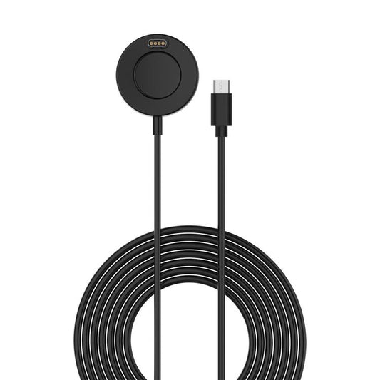 Black USB-C smartwatch charging cable with round magnetic charging pad, coiled cord and USB-C plug