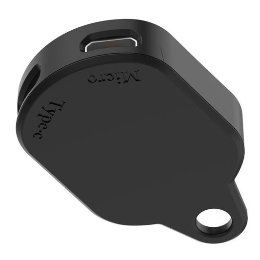 Black charging adapter underside with a USB-C port and hanging loop