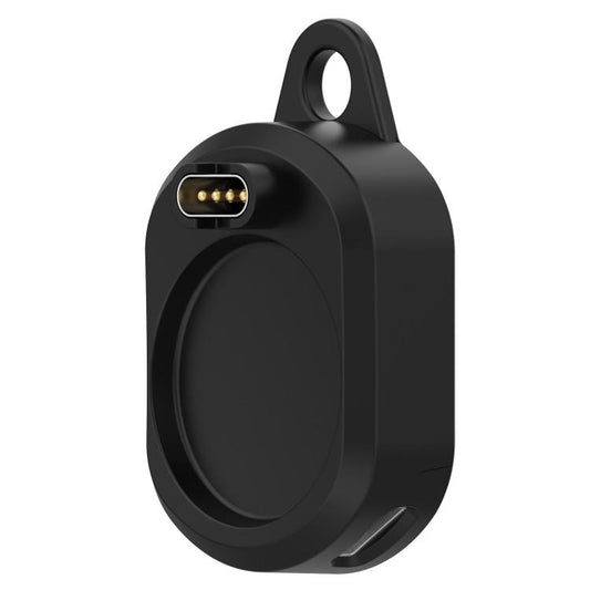 Black smartwatch charging adapter with four charging contacts and a hanging loop