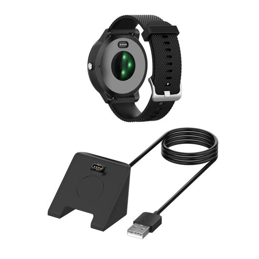 Black smartwatch charging dock and cable shown beside a compatible watch.