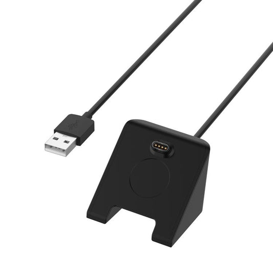 Black vertical smartwatch charging dock with a 1 m USB cable and USB-A plug.