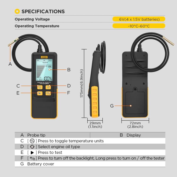 Car engine oil tester layout diagram showing probe, screen, and buttons