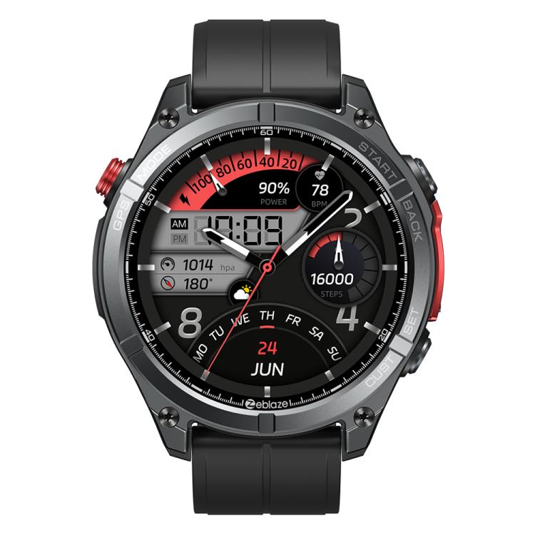 Zeblaze Stratos 4 black GPS smartwatch, shown front-on with round display and red side accents