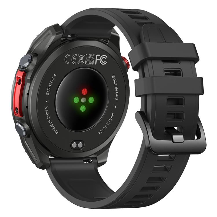 Zeblaze Stratos 4 smartwatch rear with optical sensors, black strap and red side button