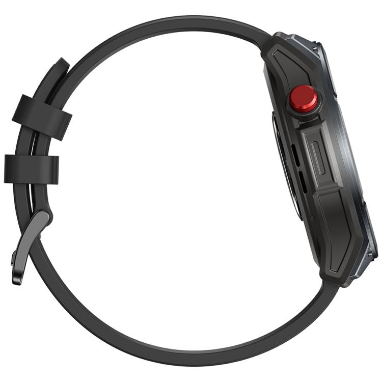 Zeblaze Stratos 4 smartwatch side profile showing rugged case, red button and black strap