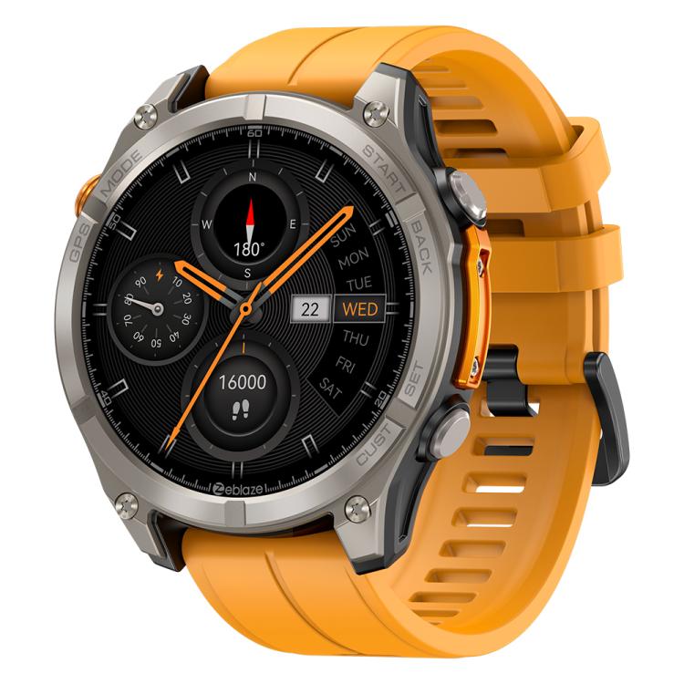 Zeblaze Stratos 4 GPS smartwatch with orange strap, silver rugged case and round display