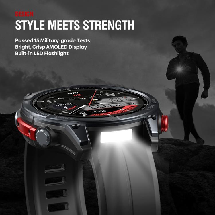 Zeblaze Stratos 4 black smartwatch with rugged case and built-in LED flashlight illuminated