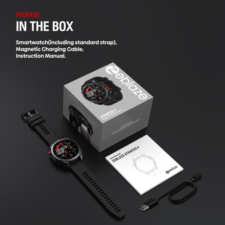 Zeblaze Stratos 4 smartwatch package with black watch, charging cable, and instruction manual