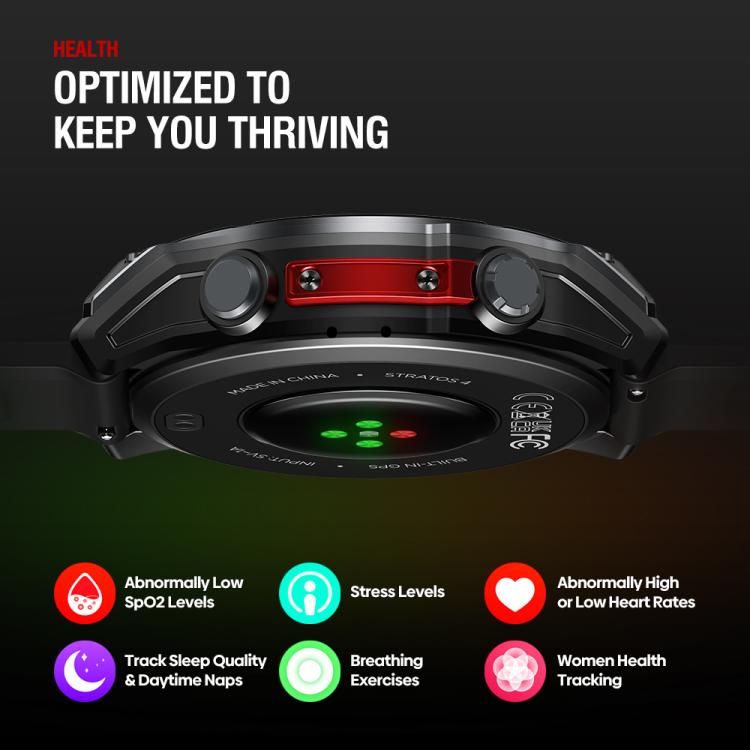 Zeblaze Stratos 4 smartwatch underside showing optical health sensors and rugged case